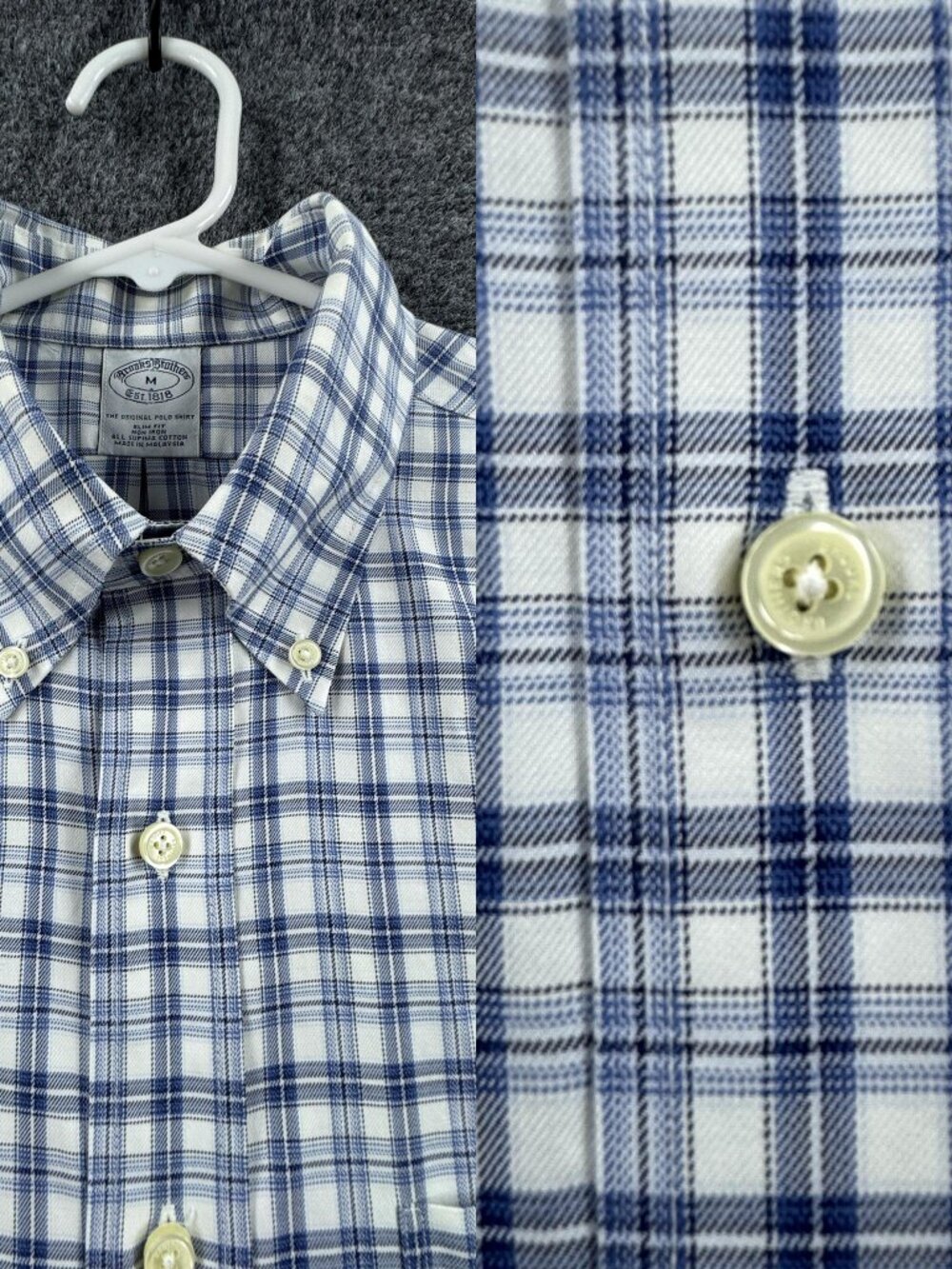 Brooks Brothers Oxford Button-Down Slim Check Supima Mens Medium Blue White